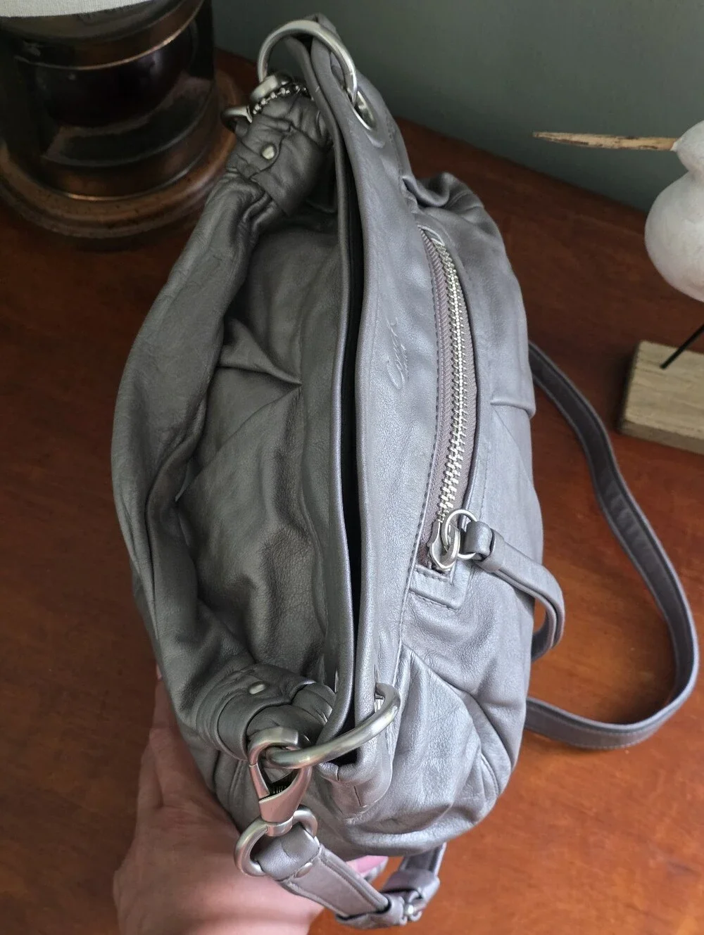 Coach F13411 Parker Shoulder Bag Metallic Silver Leather Hobo Purse Y2K